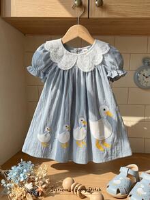 Cozy Pixies Baby Girl Floral Print Petal Sleeve Cinched Waist Dress - Teal Blue - View 3