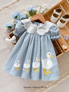Cozy Pixies Baby Girl Floral Print Petal Sleeve Cinched Waist Dress - Teal Blue - View 9