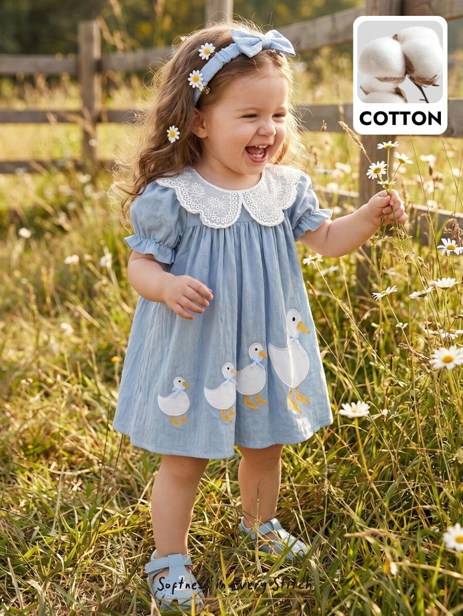 Cozy Pixies Baby Girl Floral Print Petal Sleeve Cinched Waist Dress - Teal Blue - View 1