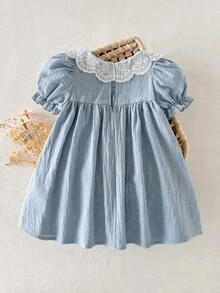 Cozy Pixies Baby Girl Floral Print Petal Sleeve Cinched Waist Dress - Teal Blue - View 2