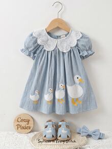 Cozy Pixies Baby Girl Floral Print Petal Sleeve Cinched Waist Dress - Teal Blue - View 8