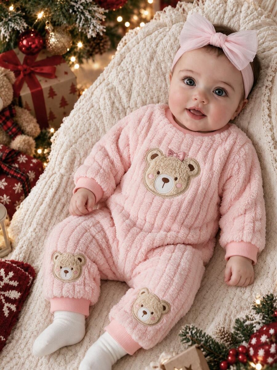 SHEIN Infant Clothes Autumn/Winter New Sweet Cute Sweatshirt & Fuzzy Long Pants 2 Pieces Set, Pink Cute Bear Head Pattern Little Bear Outfit Baby Clot - Baby Pink - View 1