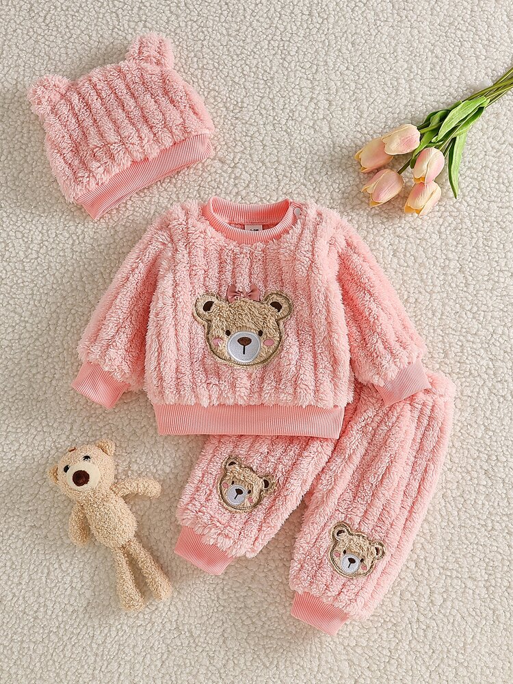 SHEIN Playful Pals Infant Clothes Autumn/Winter New Sweet Cute Sweatshirt & Fuzzy Long Pants 2 Pieces Set, Pink Cute Bear Head Pattern Little Bear Outfit Baby Clot - Baby Pink - View 6