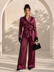 Xyvia Women's Daily Commute Office Gathering Satin Solid Color Textured Tie-Up Elegant Blazer And Casual Versatile Long Pants Suit Set - Burgundy - View 7