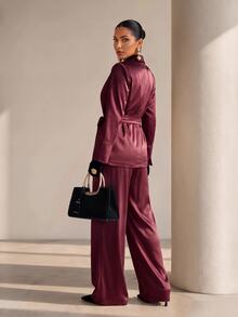 Xyvia Women's Daily Commute Office Gathering Satin Solid Color Textured Tie-Up Elegant Blazer And Casual Versatile Long Pants Suit Set - Burgundy - View 2