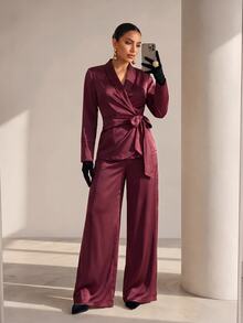 Xyvia Women's Daily Commute Office Gathering Satin Solid Color Textured Tie-Up Elegant Blazer And Casual Versatile Long Pants Suit Set - Burgundy - View 8
