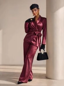 Xyvia Women's Daily Commute Office Gathering Satin Solid Color Textured Tie-Up Elegant Blazer And Casual Versatile Long Pants Suit Set - Burgundy - View 4