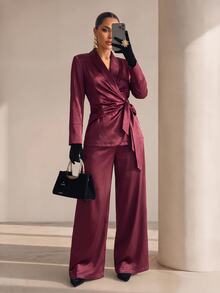 Xyvia Women's Daily Commute Office Gathering Satin Solid Color Textured Tie-Up Elegant Blazer And Casual Versatile Long Pants Suit Set - Burgundy - View 1