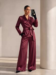 Xyvia Women's Daily Commute Office Gathering Satin Solid Color Textured Tie-Up Elegant Blazer And Casual Versatile Long Pants Suit Set - Burgundy - View 6
