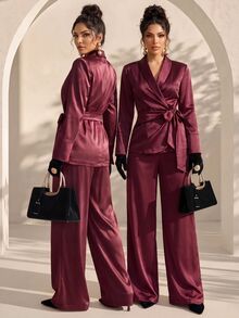 Xyvia Women's Daily Commute Office Gathering Satin Solid Color Textured Tie-Up Elegant Blazer And Casual Versatile Long Pants Suit Set - Burgundy - View 3