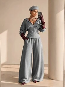 Xyvia 2pcs Grey Slim Fit Wide Leg Zip-Up Hoodie & Sweatpants Set - Grey - View 1