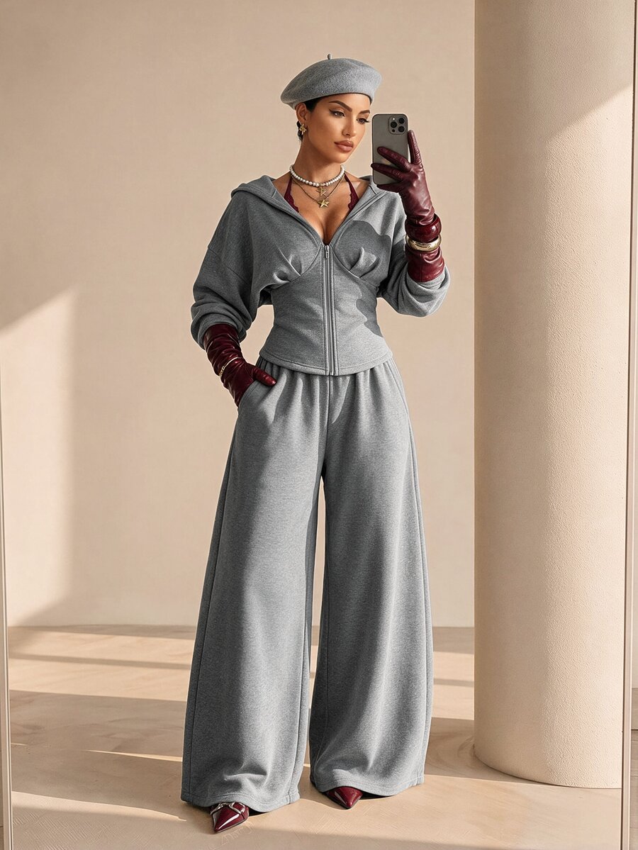 Xyvia 2pcs Grey Slim Fit Wide Leg Zip-Up Hoodie & Sweatpants Set - Grey - View 1