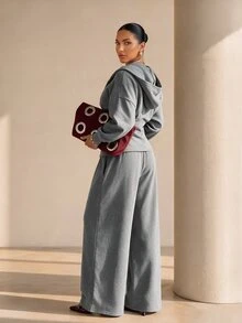 Xyvia 2pcs Grey Slim Fit Wide Leg Zip-Up Hoodie & Sweatpants Set - Grey - View 2