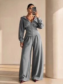 Xyvia 2pcs Grey Slim Fit Wide Leg Zip-Up Hoodie & Sweatpants Set - Grey - View 8