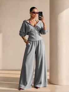 Xyvia 2pcs Grey Slim Fit Wide Leg Zip-Up Hoodie & Sweatpants Set - Grey - View 4