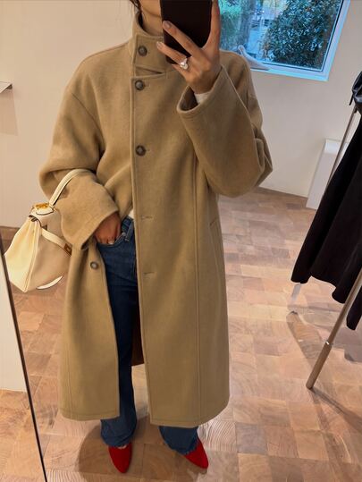 Yunfilé Women's Knee-Length Tie-Waist Overcoat, Stand Collar, Asymmetrical Button Front, Dropped Shoulder, Long Sleeve, Cinched Waist Waist, Large Pockets, Loose Silhouette, Minimalist Elegant Camel Color, Autumn/Winter Casual Commute Date Party