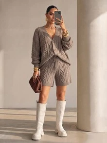 Structelle Autumn/Winter Cable Knit Sweater 2 Pieces Set - Mocha Brown - View 6
