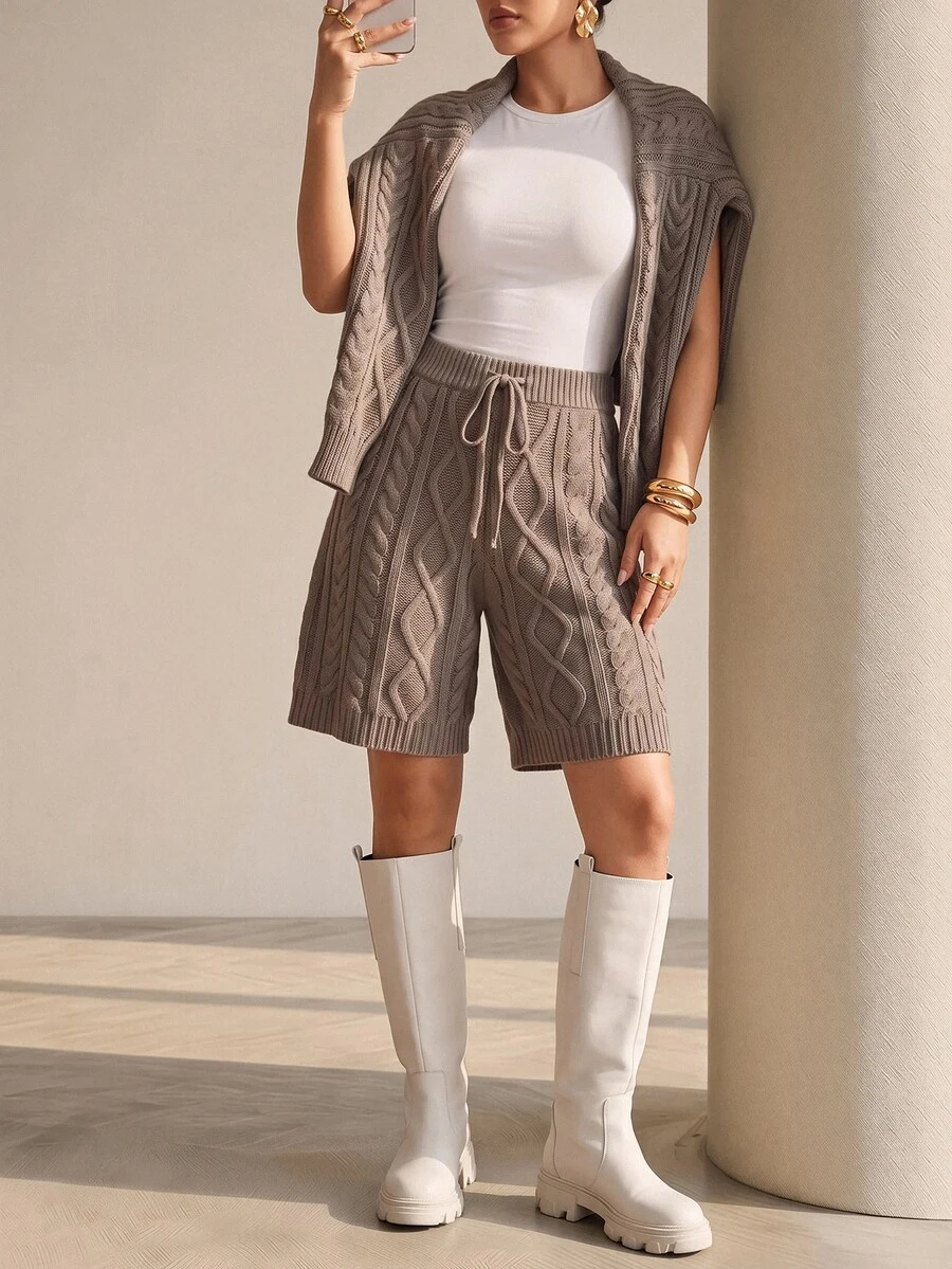 Structelle Autumn/Winter Cable Knit Sweater 2 Pieces Set - Mocha Brown - View 1