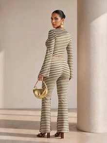 Structelle Green And White Striped Casual Bell Sleeve T-Shirt And Bell Bottom Pants Set, Minimalist Fashion Style, Suitable For Spring And Autumn Wear, Spring And Autumn Outfit - Multicolor - View 2