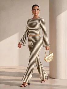 Structelle Green And White Striped Casual Bell Sleeve T-Shirt And Bell Bottom Pants Set, Minimalist Fashion Style, Suitable For Spring And Autumn Wear, Spring And Autumn Outfit - Multicolor - View 3