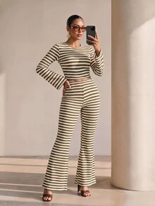 Structelle Green And White Striped Casual Bell Sleeve T-Shirt And Bell Bottom Pants Set, Minimalist Fashion Style, Suitable For Spring And Autumn Wear, Spring And Autumn Outfit - Multicolor - View 4