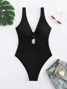 Swim Basics Summer Beach Ring Linked Plunging One Piece Swimsuit - Black - View 8