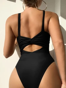 Swim Basics Summer Beach Ring Linked Plunging One Piece Swimsuit - Black - View 3