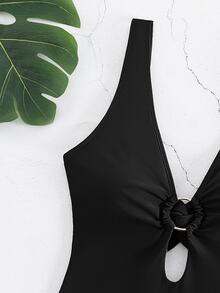 Swim Basics Summer Beach Ring Linked Plunging One Piece Swimsuit - Black - View 6