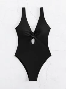 Swim Basics Summer Beach Ring Linked Plunging One Piece Swimsuit - Black - View 7