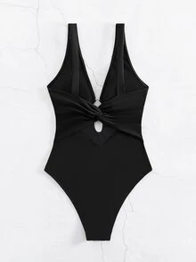 Swim Basics Summer Beach Ring Linked Plunging One Piece Swimsuit - Black - View 5