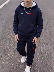 SHEIN 青少年男孩休閒運動學院風極簡寬鬆運動字母圖案抓絨內裡長袖連帽衛衣與運動長褲2件套，適合通勤、上學、日常休閒外出、運動，秋冬穿著 - 寶藍色 - 查看 6