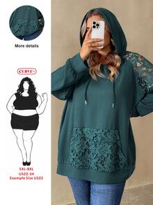 SHEIN CURVE+ بلوزة رياضية نسائية مقاس كبير بلون أخضر سادة مع حواف دانتيل وأكمام راجلان ورباط قابل للسحب وغطاء رأس للخريف - أخضر - مشاهدة 8