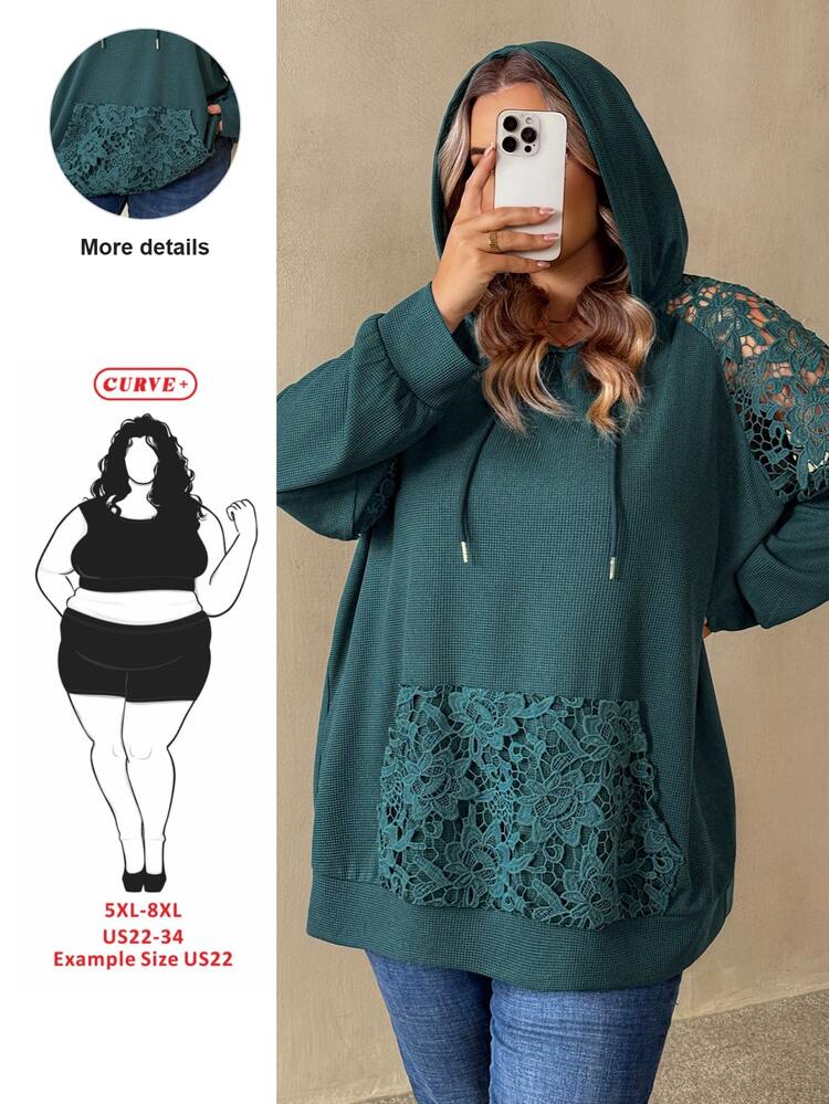 SHEIN CURVE+ 大尺碼女款純色綠色蕾絲飾邊插肩袖抽繩連帽衛衣 秋季 - 綠色 - 查看 1