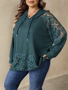 SHEIN CURVE+ بلوزة رياضية نسائية مقاس كبير بلون أخضر سادة مع حواف دانتيل وأكمام راجلان ورباط قابل للسحب وغطاء رأس للخريف - أخضر - مشاهدة 5
