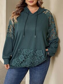 SHEIN CURVE+ بلوزة رياضية نسائية مقاس كبير بلون أخضر سادة مع حواف دانتيل وأكمام راجلان ورباط قابل للسحب وغطاء رأس للخريف - أخضر - مشاهدة 6