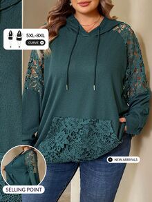 SHEIN CURVE+ بلوزة رياضية نسائية مقاس كبير بلون أخضر سادة مع حواف دانتيل وأكمام راجلان ورباط قابل للسحب وغطاء رأس للخريف - أخضر - مشاهدة 1