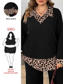 SHEIN CURVE+ Plus Size Women's Casual Leopard Print Raglan Sleeve Curved Hem 2-In-1 Shirt (Autumn Style) Fall - Black - View 9