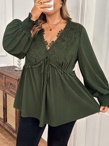 SHEIN CURVE+ Plus Size Women's Contrast Color Lace Deep V-Neck Tie Front Ruffle Sleeve Sexy Blouse, Autumn Long Sleeve Top Fall - Green - View 6
