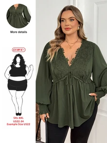 SHEIN CURVE+ Plus Size Women's Contrast Color Lace Deep V-Neck Tie Front Ruffle Sleeve Sexy Blouse, Autumn Long Sleeve Top Fall - Green - View 9