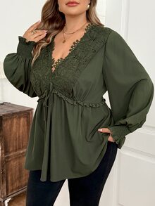 SHEIN CURVE+ Plus Size Women's Contrast Color Lace Deep V-Neck Tie Front Ruffle Sleeve Sexy Blouse, Autumn Long Sleeve Top Fall - Green - View 7
