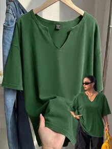Muchica 深綠色大尺碼春夏服飾，大尺碼做舊雪花醋酸纖維巧克力棕色寬鬆短袖小V領T恤，棉質面料，春夏服飾 - 墨綠色 - 查看 1