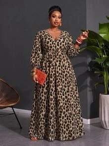 SHEIN CURVE+ Plus Size Women's V-Neck Leopard Print Casual Party Dress Fall - Multicolor - View 5