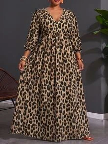 SHEIN CURVE+ Plus Size Women's V-Neck Leopard Print Casual Party Dress Fall - Multicolor - View 8