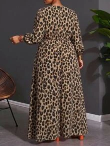 SHEIN CURVE+ Plus Size Women's V-Neck Leopard Print Casual Party Dress Fall - Multicolor - View 2