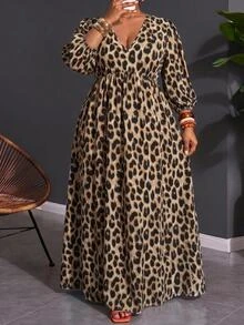 SHEIN CURVE+ Plus Size Women's V-Neck Leopard Print Casual Party Dress Fall - Multicolor - View 7