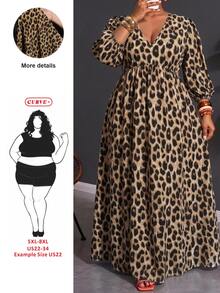 SHEIN CURVE+ Plus Size Women's V-Neck Leopard Print Casual Party Dress Fall - Multicolor - View 1