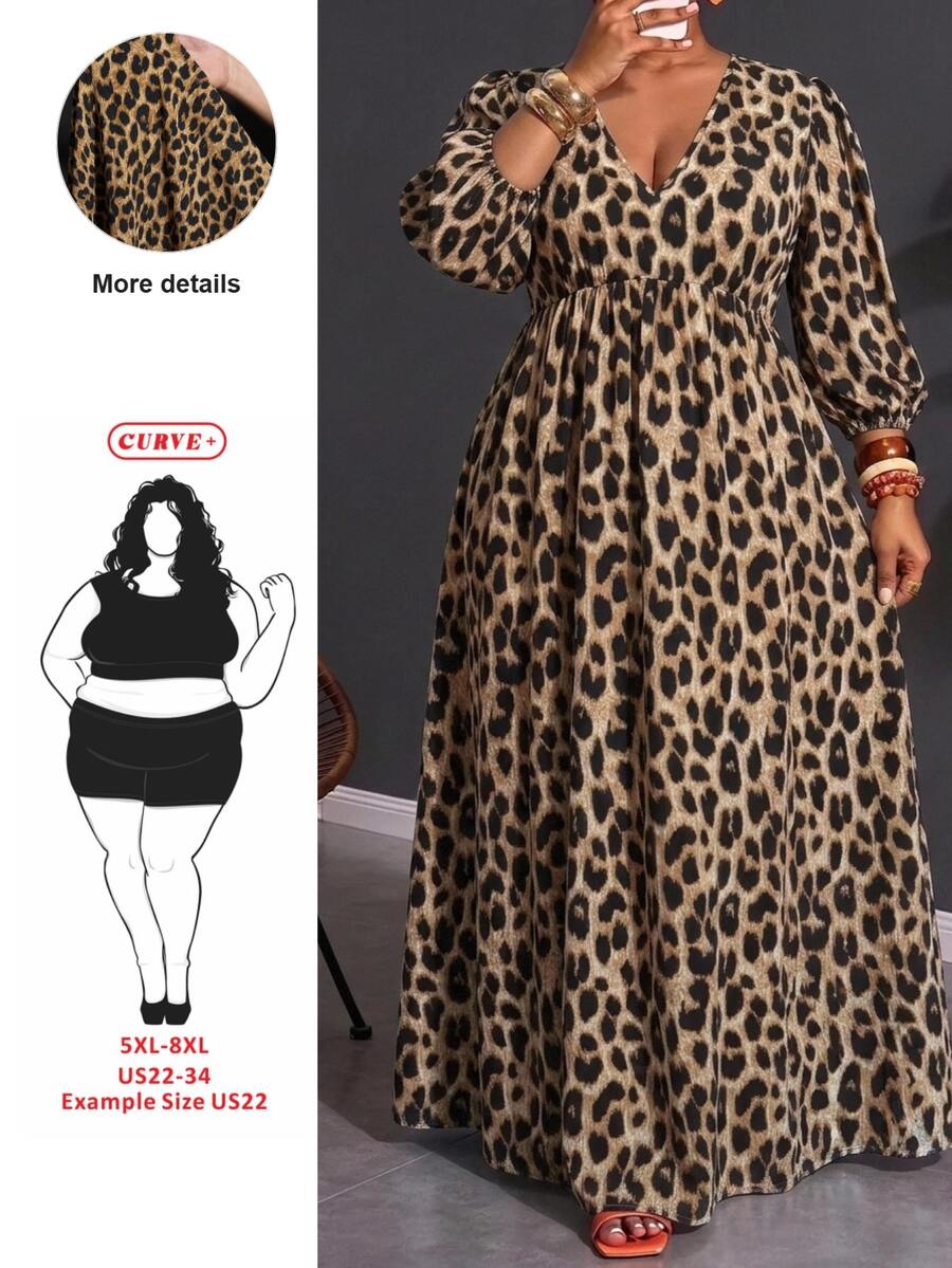 SHEIN CURVE+ Plus Size Women's V-Neck Leopard Print Casual Party Dress Fall - Multicolor - View 1