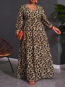 SHEIN CURVE+ Plus Size Women's V-Neck Leopard Print Casual Party Dress Fall - Multicolor - View 3
