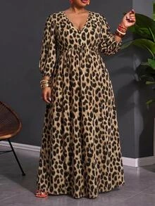 SHEIN CURVE+ Plus Size Women's V-Neck Leopard Print Casual Party Dress Fall - Multicolor - View 6