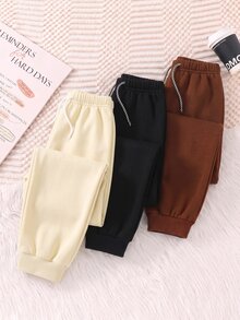 SHEIN Little Byeori 買2送1 3入組 青少年男孩休閒運動學院風簡約抽繩腰飾高CP值多件裝運動長褲 適合兒童 - 彩色 - 查看 2